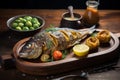 Grilled Dorade Royale fish served with fresh and baked vegetables