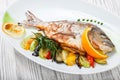 Grilled dorado fish with baked vegetables and rosemary on plate on wooden background close up. Royalty Free Stock Photo