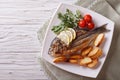 Grilled dorado fish with fried potatoes. horizontal top view Royalty Free Stock Photo