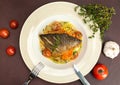 Grilled dorado fish with fried potatoes, lemon and tomato Royalty Free Stock Photo