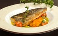 Grilled dorado fish with fried potatoes, lemon and tomato Royalty Free Stock Photo