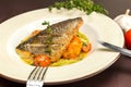 Grilled dorado fish with fried potatoes, lemon and tomato Royalty Free Stock Photo