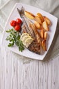 Grilled dorado fish with fried potatoes and tomato. Vertical top Royalty Free Stock Photo