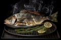 Grilled dorado fish with lemon and parsley. Whole Bbq sea bream fish - Generative AI Royalty Free Stock Photo