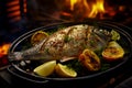Grilled Dorado fish, sea bream with the addition of spices, herbs and lemon on the grill plate. Fried fish with vegetables