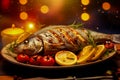 Grilled Dorado fish, sea bream with the addition of spices, herbs and lemon on the grill plate. Fried fish with vegetables