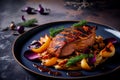 Grilled duck breast served with a sweet and tangy apple and mango chutney. Crisp, golden-brown skin. Meat dish close up. Royalty Free Stock Photo