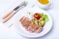 Grilled duck with mashed cauliflower, fried brussels sprouts and orange sauce on a white plate. Royalty Free Stock Photo