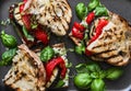 Grilled eggplant, pepper, ciabatta bread sandwiches - healthy summer snack. Picnic food Royalty Free Stock Photo