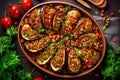 Grilled eggplant salad with garlic, lemon and olive oil in a clay bowl on a dark wooden background. Local mediterranean cuisine,