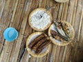 grilled eggplant and warm grilled fish.in a bamboo floor gazebo