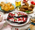 Grilled eggplant with yoghurt sauce, pomegranate seeds and fresh fresh herbs on a ceramic plate Royalty Free Stock Photo