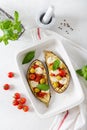 Grilled eggplants with mozzarella, cherry tomatoes, basil and olives in baking dish on white background. Aubergine seasonal vegan Royalty Free Stock Photo