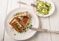 Grilled feta cheese sandwich with rye bread and zucchini salad. Healthy summer meal Royalty Free Stock Photo