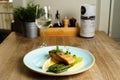Grilled fillet of Salmon with steamed green asparagus, hollandaise sauce Royalty Free Stock Photo