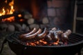 Grilled on fire barbeque pork sausages, backyard outdoors cooking firewood in the background. Generative AI Royalty Free Stock Photo