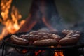 Grilled on fire barbeque pork sausages, backyard outdoors cooking. Generative AI Royalty Free Stock Photo