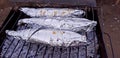 Grilled fish in the aluminum foil. Cooking process