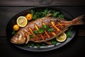 Grilled fish isolated on wood background