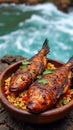 Grilled fish on couscous with fresh vegetables near flowing water Royalty Free Stock Photo