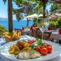 Grilled fish fillet and white wine served in an upscale and sophisticated restaurant setting