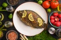 Grilled fish with fresh vegetables, on a wooden black background. I also eat healthy food. Seafood, Eastern or European cuisine Royalty Free Stock Photo