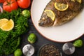 Grilled fish with fresh vegetables, on a wooden black background. I also eat healthy food. Seafood, Eastern or European cuisine Royalty Free Stock Photo