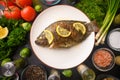 Grilled fish with fresh vegetables, on a wooden black background. I also eat healthy food. Seafood, Eastern or European cuisine Royalty Free Stock Photo