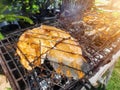 Grilled fish on the grill. Nile tilapia and pangas catfish on the grill. food photography. Outdoor cooking for lunch