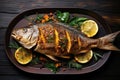 Grilled fish isolated on wood background