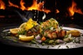 Grilled fish with lemon and parsley on a black plate, Ignite your taste buds with a flaming lemon-infused culinary masterpiece,