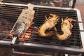 Grilled fish and lobsters lying on the charcoal grill over the red embers - street food in Bangkok Royalty Free Stock Photo