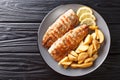 Grilled fish mackerel fillet with a side dish of fried potatoes close-up on a plate. Horizontal top view Royalty Free Stock Photo