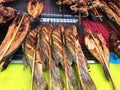 Grilled fish and meat skewers sold in an Asian food street market Royalty Free Stock Photo