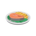 Grilled fish, pasta and green lettuce leaves on plate. Tasty dish. Culinary theme. Isometric vector element for cafe