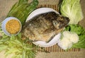 Grilled fish with sauce and fresh vegetables on the plate, on top view Royalty Free Stock Photo