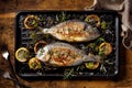 Grilled fish, sea bream, dorada with the addition of spices, herbs and lemon on the grill plate located on a wooden background, Royalty Free Stock Photo