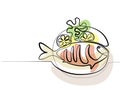 Grilled fish seafood with lemon and salat for cafe shop logo.