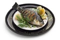 grilled fish served with lemon and herbs