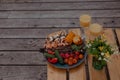 Grilled fish and shrimp with vegetables on the picnic table Royalty Free Stock Photo