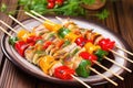 grilled fish skewers with bell peppers on bamboo mat Royalty Free Stock Photo