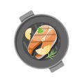 Grilled fish slice cooking with lemon and herb spice top view vector flat restaurant cafe menu