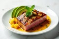 Grilled fish steak with mango salsa and avocado garnish on a white plate. Generative AI Royalty Free Stock Photo