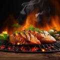 Grilled fish with various vegetables on the flaming grill