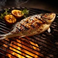 Grilled fish with various vegetables on the flaming grill