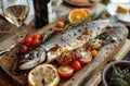 Grilled fish with vegetables on a plate. Royalty Free Stock Photo