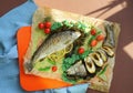 Grilled fish with vegetables ready to eat. Healthy lifestyle. Food art. Restaurant menu. Colourful dish. Beautiful food.