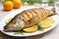 Grilled fish on white plate
