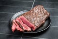 Grilled Flap or Flank Steak, sliced on a plate. Black background. Top view Royalty Free Stock Photo