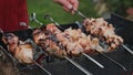 Grilled food. Man cooking barbecue on skewers outside.